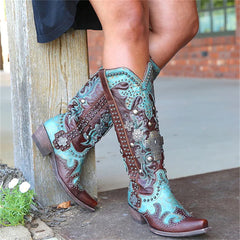 Chic Embroidered Lace-Up Mid-Calf Boots with Bold Thick Heels for Women