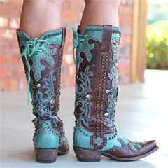 Chic Embroidered Lace-Up Mid-Calf Boots with Bold Thick Heels for Women