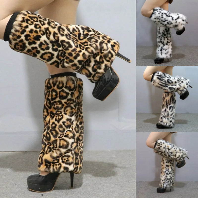 Imitation Fur Faux Fur Leopard Leg Warmers Japanese Style Thickened Long Tube Stockings Y2K Sweet Furry Leggings Sleeve Women