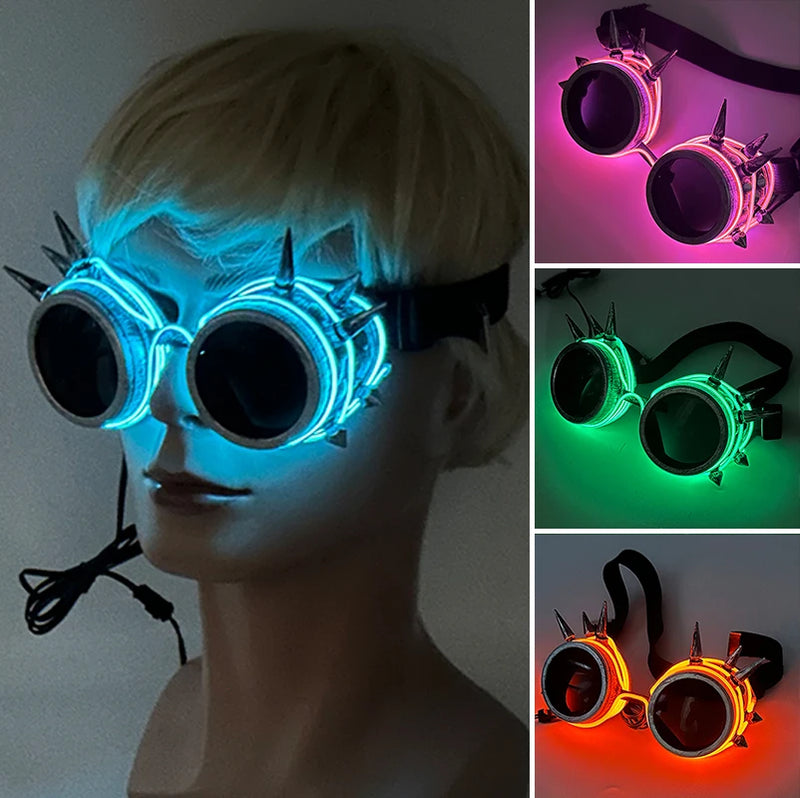 Retro Luminous Glowing Steampunk Glasses LED Light Party Decor Gothic Goggles Glasses With Nail Neon Glasses Men Women Supplies