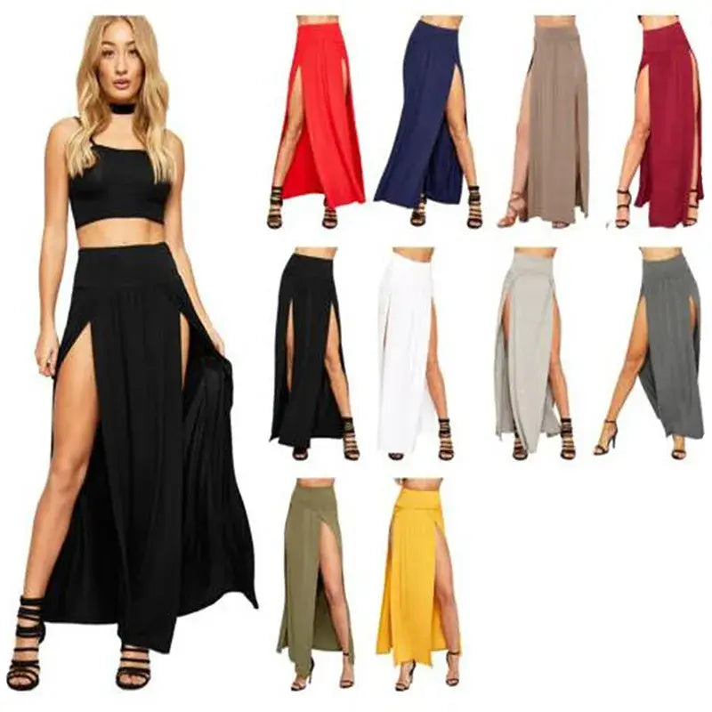 High Waisted Double Slit Maxi Skirt