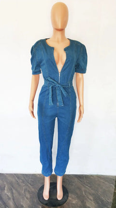 Blue V-Neck Denim Overalls