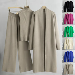 Women's 3-Piece Knit Set: Sleeveless Vest, Long Cardigan, and Wide-Leg Pants