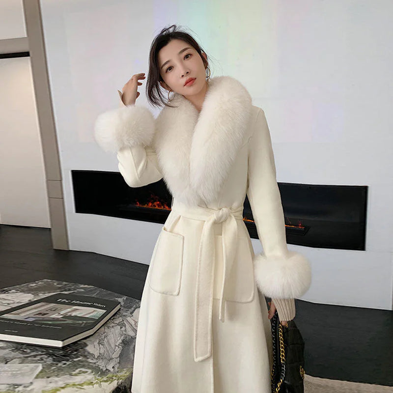 Slim Fit Wool Coat with Large Fur Collar