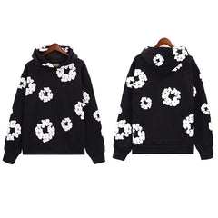 Flame Wood Cotton Puff Print Loose Velvet Padded Hooded Sweatshirt