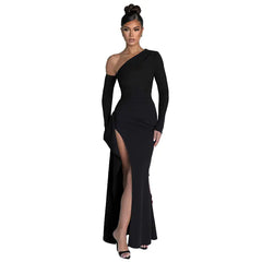 Slant Off-Shoulder High-Slit Evening Dress