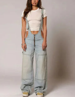 Y2K Loose Denim Overalls with Pockets and Zipper